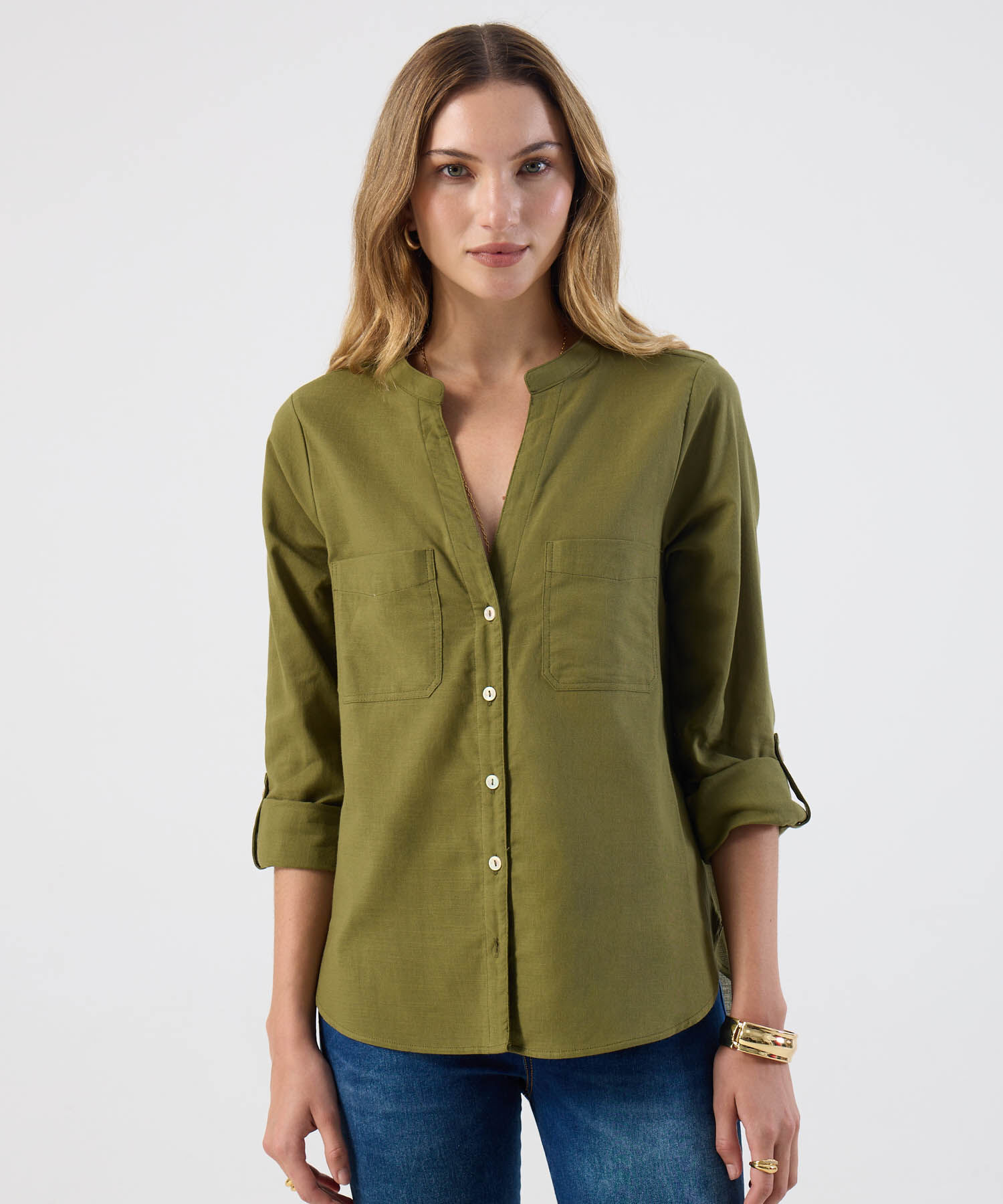 Blusa Mujer Bolsillos Frontales Manga Larga