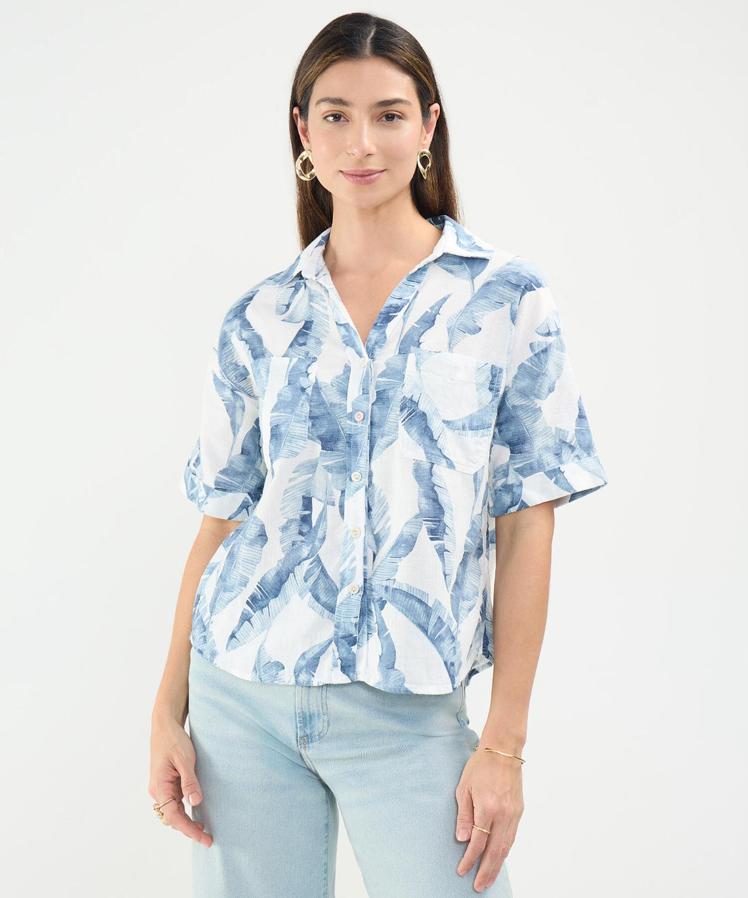 Camisa Estampada en Efecto Lino