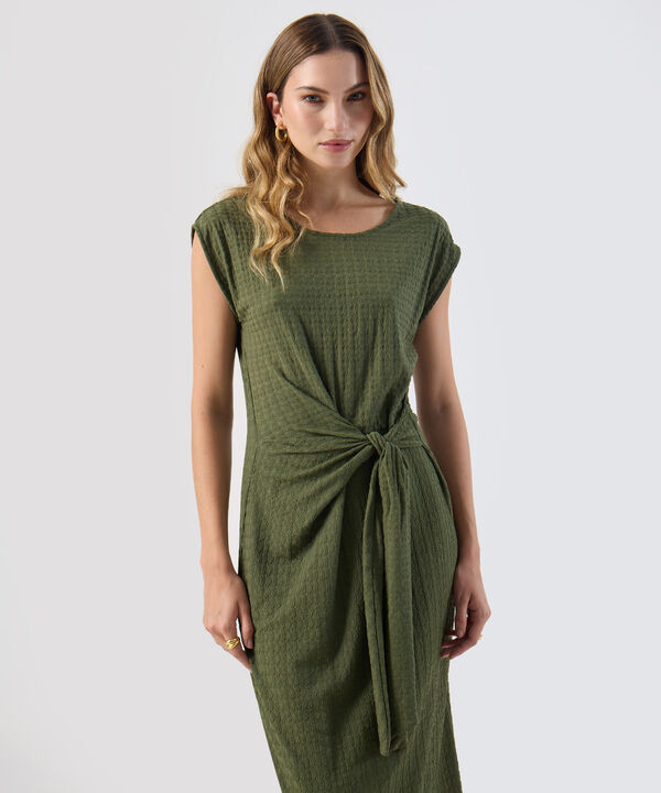 Vestido Para Mujer Midi Textura Nudo Frontal Elegante