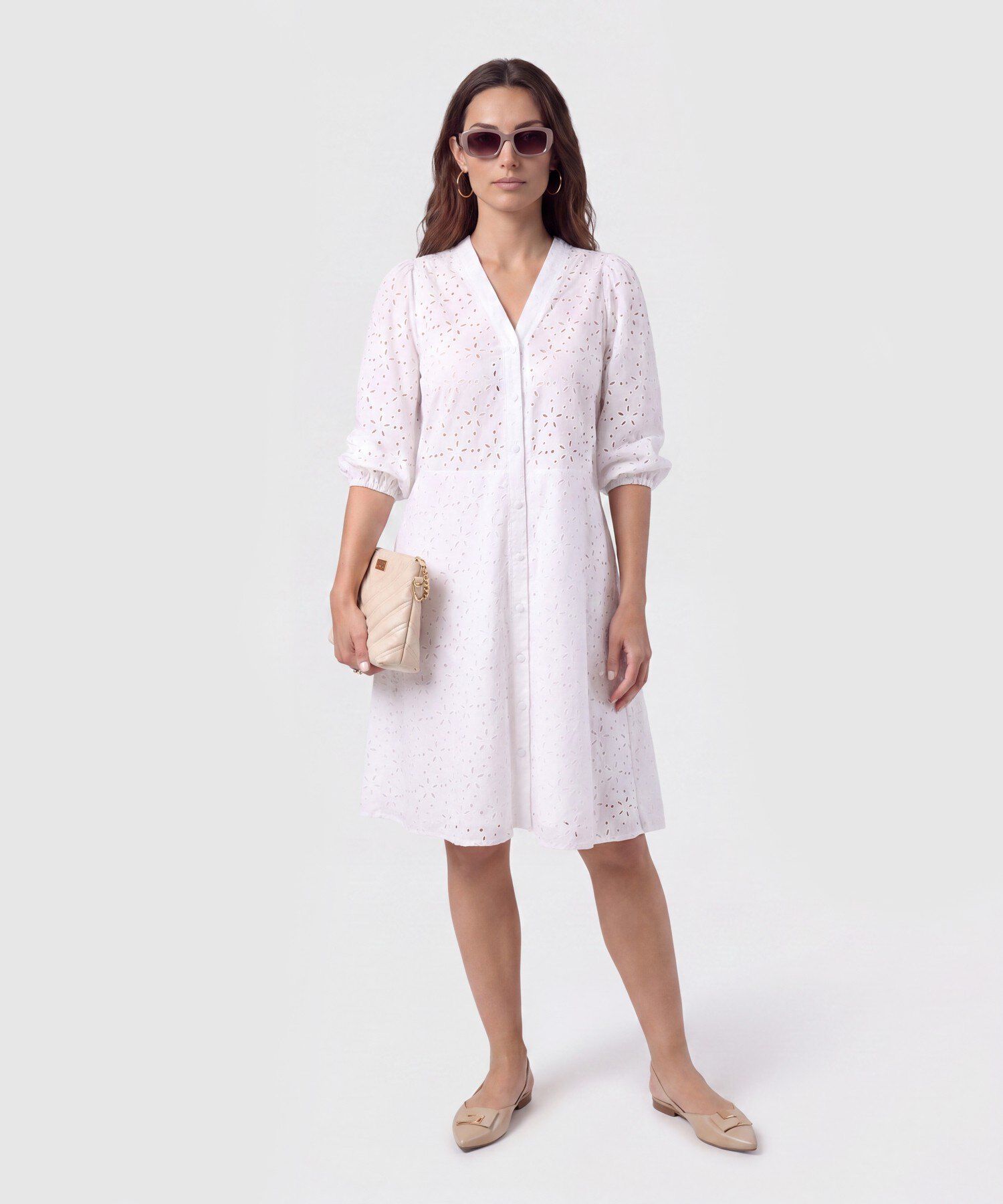 Vestido Corto Bordado Unicolor Para Mujer