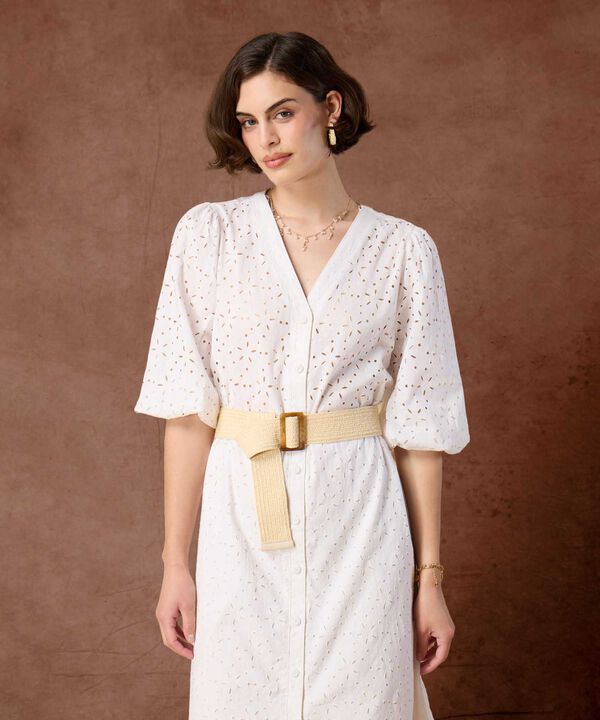 Vestido Camisero Perforado Con Cintur&oacute;n Para Mujer