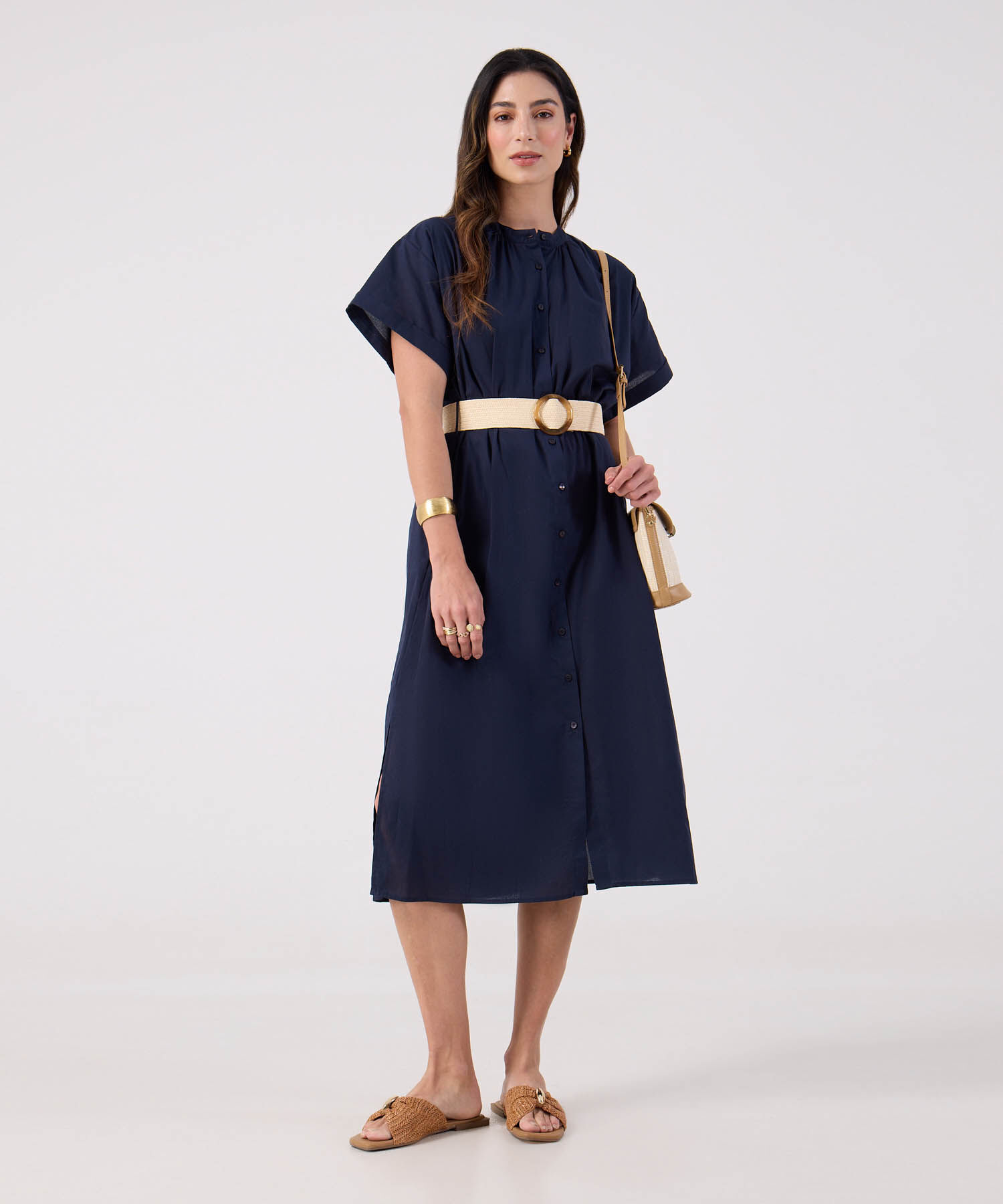 Vestido Unicolor Con Cinturon 