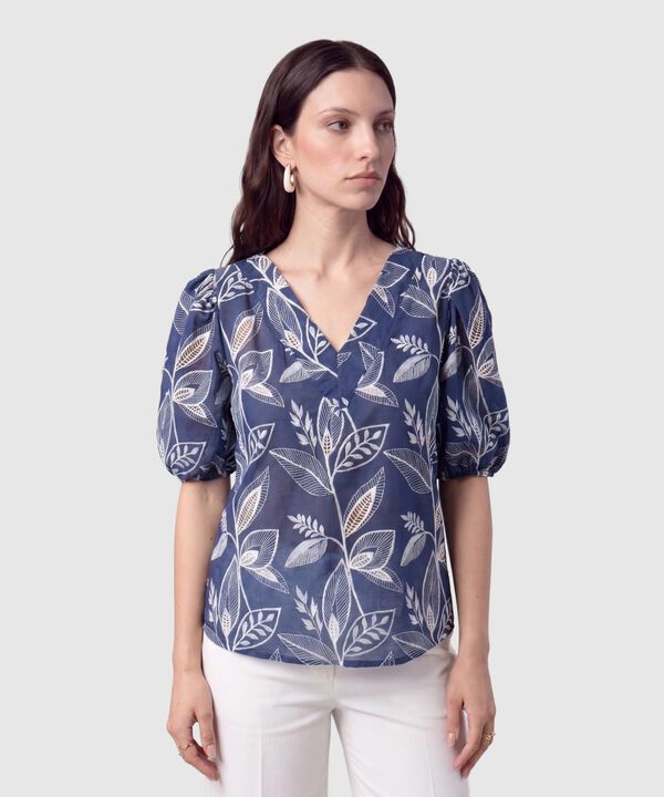 Blusa Cuello en V Manga Globo Mujer image number null